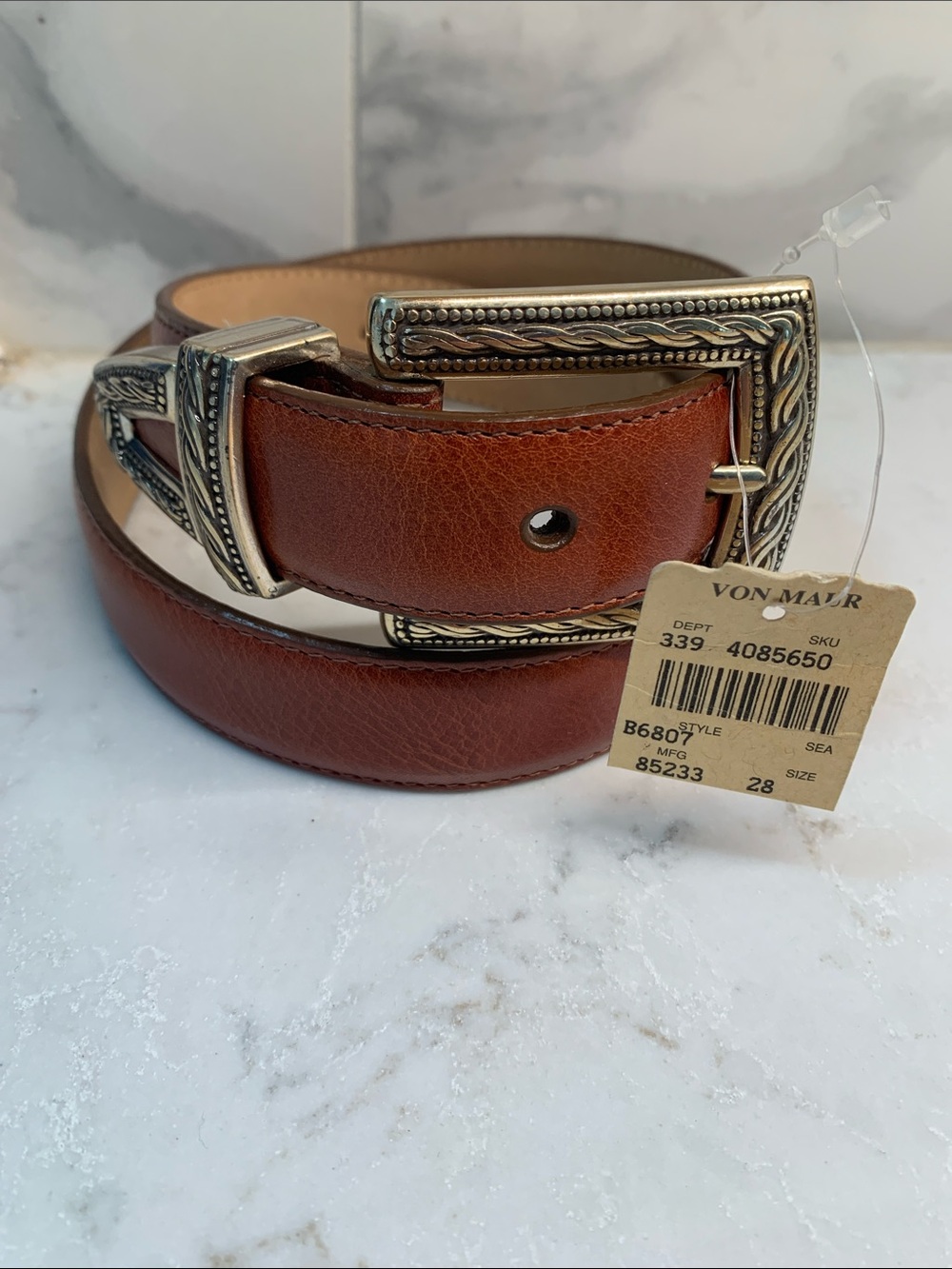 New Brighton Brown Leather Western Belt Ornate Silver Buckle Size S 28 - Picture 4 of 7